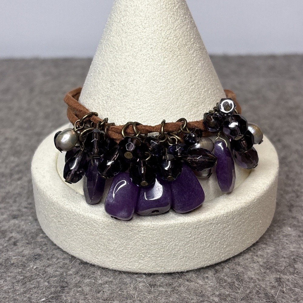 Purple Stone Beaded Charm Bracelet Pearl Suede Cord Boho Brass Tone 7.25"